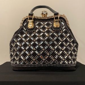 Patent Leather Crystal Embellished Satchel Handbag